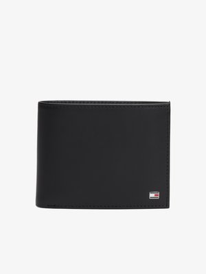 Black leather wallet featuring a smooth texture, bi-fold design, and a small logo accent in the bottom right corner.