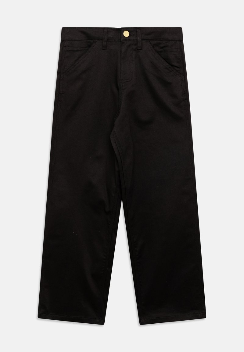 Zwarte, wijde broek van een katoenmix. Voorzien van zijzakken, een knoopsluiting en een gladde textuur.