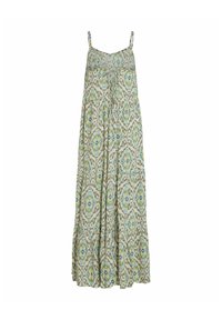 Vestido ligero y estampado con una paleta de colores verde y beige. Presenta tirantes ajustables y una silueta suelta y fluida.