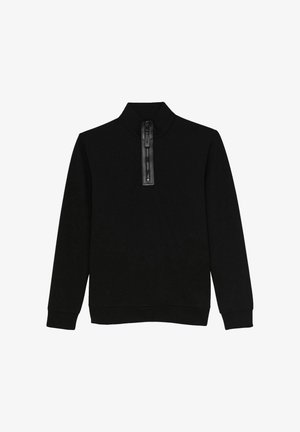 Zwarte sweatshirt met een hoge kraag en een korte rits. Kenmerkt zich door een gladde textuur en lange mouwen. Eenvoudig, minimalistisch ontwerp.