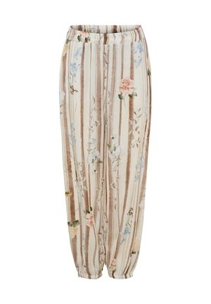 Løse bukser med lodrette brune og beige striber og et blomstret mønster, med elastisk talje og elastiske manchetter ved anklerne.