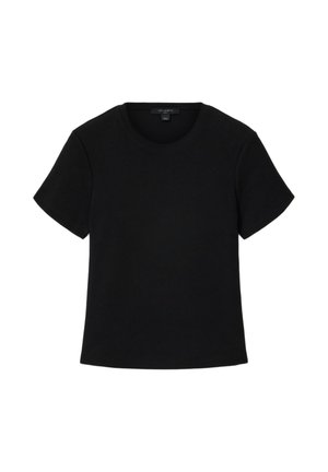 Czarny prążkowany T-shirt z krótkim rękawem i okrągłym dekoltem, z prostym dołem i regularnym krojem, ułożony płasko na białym tle.