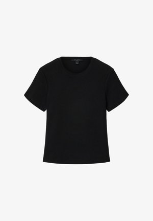 Czarny prążkowany T-shirt z krótkim rękawem i okrągłym dekoltem, z prostym dołem i regularnym krojem, ułożony płasko na białym tle.