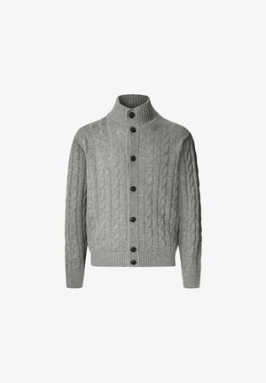 Grau gestrickte Strickjacke mit hohem Kragen, vorderem Knopfverschluss, gerippten Bündchen und Saum. Hergestellt aus einer strukturierten Wollmischung.