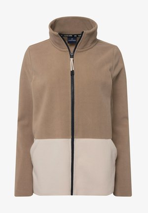 Brun og beige fleecejakke med høj krave, fuld lynlås og to sidelommer. Glat tekstur med kontrasterende farveblokke.