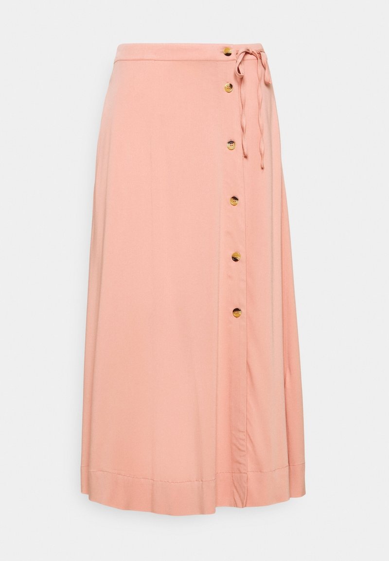 Vaaleanpunainen midi-wrap-hame, jossa on sivupainikkeet ja sidottava vyöhoysi, valmistettu kevyestä kankaasta.