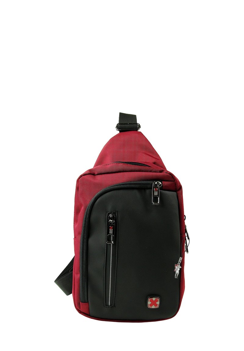 Sac à bandoulière rouge et noir en nylon. Comprend plusieurs poches zippées, une sangle réglable et un patch logo à l'avant. Tissu texturé.