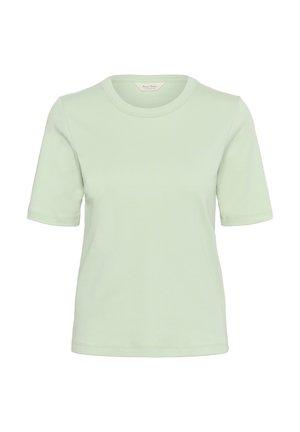 Tricou verde mentă cu mânecă scurtă, fabricat din bumbac moale. Are un guler rotund și o textură netedă, cu linii simple și curate.