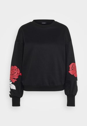 Felpa nera a maniche lunghe con collo rotondo, caratterizzata da stampe di rose rosse e bianche su entrambe le maniche e polsini e orlo a costine.