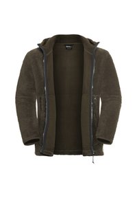 Olivgrüne Kapuzenjacke aus Fleece mit einer weichen, strukturierten Außenseite, mit Reißverschluss vorne und Taschen für die Hände. Das Innere hat ein glattes Stofffutter.