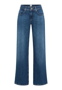 Wijduitlopende jeans van diepblauwe denim, met een klassiek vijf-pocket ontwerp en een knoopsluiting bij de taille.