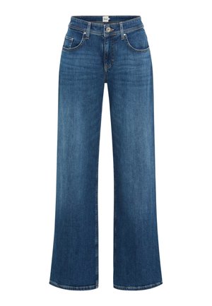 Wide-leg jeans made of deep blue denim, featuring a classic five-pocket design and a button closure at the waist.