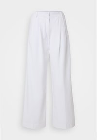 Pantalones de pierna ancha blancos con cintura alta, que cuentan con pliegues frontales y una textura suave. Diseñados para un ajuste relajado con líneas limpias.