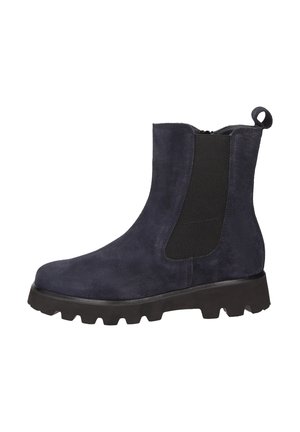 Bottine Chelsea en daim bleu marine avec panneau élastique noir sur les côtés, languette d'enfilage et semelle en caoutchouc épaisse noire.