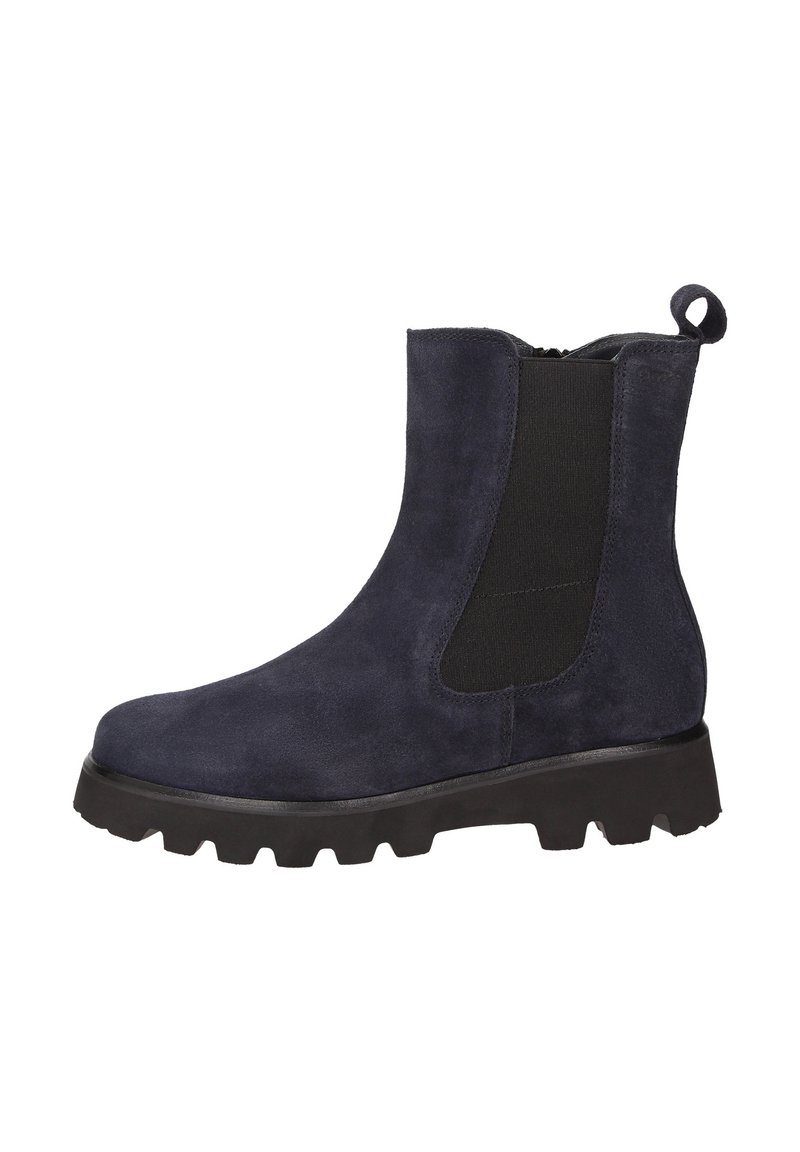 Stivale Chelsea in suede blu navy con pannello elastico laterale nero, linguetta di pull e suola in gomma nera spessa.