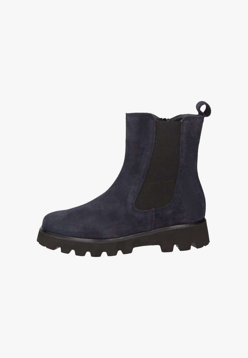 Marineblauwe suède Chelsea-boot met zwart elastisch zijpaneel, trekband en stevige zwarte rubberen hak.