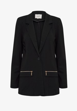 Zwarte blazer met een gestructureerd ontwerp, enkele knoopsluiting en twee voorzakken met rits, voorzien van gouden accenten. Glad textuur van de stof.