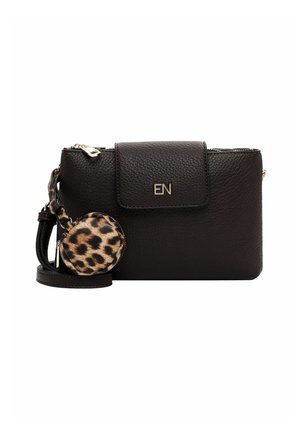 Black leather crossbody bag with a front flap and gold hardware. Includes a round leopard print accessory with a strap.