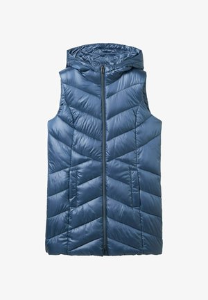 Pletená modrá vesta s kapucňou, so zipsom na prednej strane, vzorom v tvare chevron a dvoma bočnými vreckami. Hladká, lesklá tkanina s prešívanou textúrou.