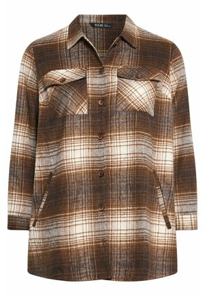 Braun- und cremefarbener karierter Flanellshirt mit Kragen, zwei Brusttaschen, Vorderknöpfen und seitlichen Taschen. Weicher Stoff mit einer lockeren Passform.