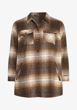 Brun og creme ternet flannel skjorte med krave, to brystlommer, frontknapper og sidelommer. Blød tekstur med en afslappet pasform.