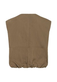 Barna ujjatlan mellény kerek nyakkivágással, elasztikus aljjal és tiszta varrásokkal. Könnyű anyagból készült, sima textúrával.