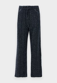 Wide-leg pants in dark navy woven fabric with a textured finish. Features a drawstring waistband and side pockets.