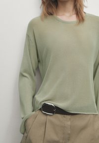 Lichtgroene gebreide trui met een ronde hals en lange mouwen, gecombineerd met tan kleurige hoge taillebroeken en een brede, donkere riem met een zilveren gesp.
