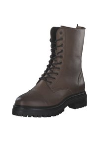 Stivale alla caviglia in pelle marrone con punta rotonda, parte superiore testurizzata, lacci neri e suola in gomma nera robusta.