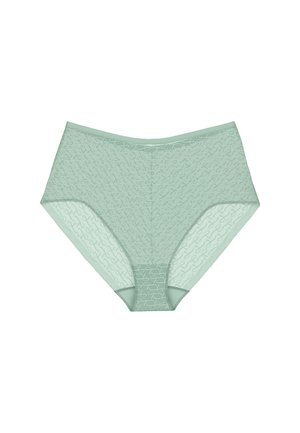 Miętowe koronkowe majtki z wysokim stanem, z teksturowanym wzorem fal, elastycznym pasem i gładkimi szwami na brzegach.