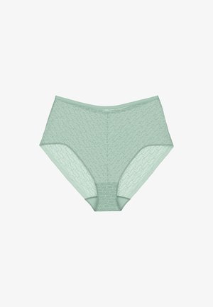 Miętowe koronkowe majtki z wysokim stanem, z teksturowanym wzorem fal, elastycznym pasem i gładkimi szwami na brzegach.