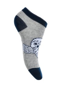 Calzino alla caviglia grigio con un design di un gufo bianco con ali. Accenti blu scuro al bordo e alla punta. Tessuto a maglia con una superficie liscia.