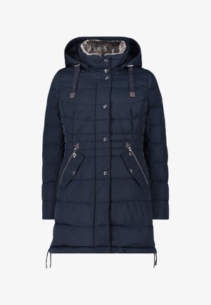 Marineblauer Daunenmantel mit Kapuze, gestepptem Design, Reißverschlusstaschen und silberfarbigen Hardwareakzenten. Weiche Innenseite für Wärme.