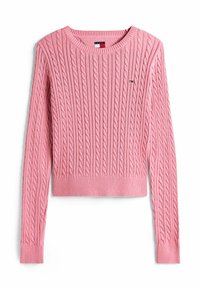 Maglione rosa a maglia con maniche lunghe, collo e orlo a coste. Presenta un piccolo logo sul petto. Texture morbida. Taglio cropped.
