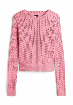 Roze kabelgebreide trui met lange mouwen, geribbelde halslijn en zoom. Voorzien van een klein logo op de borst. Zachte textuur. Cropped snit.