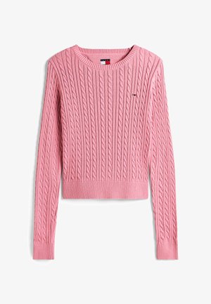 Pull à mailles rose avec des manches longues, encolure et bas côtelés. Détails de petit logo sur la poitrine. Texture douce. Coupe courte.