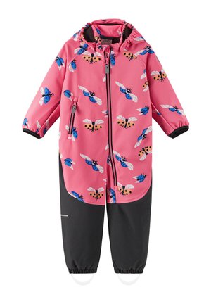 Kinder wasserdichter Overall in Pink und Schwarz mit Kapuze, Frontreißverschluss, Seitentasche, elastischen Bündchen und buntem Schmetterlings- und Marienkäferdruck.