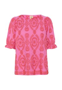 Blusa rosa con maniche corte a sbuffo, caratterizzata da un intricato ricamo arancione a motivo floreale. Collo rotondo e vestibilità rilassata.