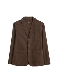 Brązowa bawełniana kurtka z wyciętym kołnierzem, dwoma przednimi kieszeniami naszytymi i jedną kieszenią na piersi. Zapięcie na pięć guzików. Gładka faktura.