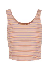 Stribet crop top med rund halsudskæring. Har vandrette striber i lilla, orange og gul. Lavet af ribbet, strækbart materiale.