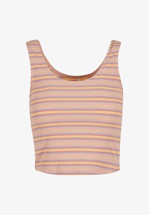 Gestreepte crop top met een ronde hals. Voorzien van horizontale lijnen in paars, oranje en geel. Gemaakt van ribbelstof met rekbaar materiaal.