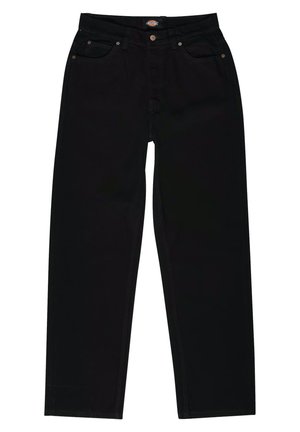 Vaqueros de mezclilla negra con corte recto, que cuentan con cinco bolsillos, costuras marrones y cierre de cremallera. Textura suave y material duradero.