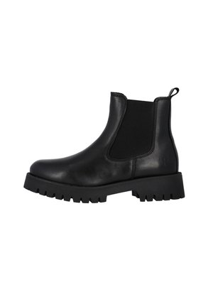 Bottines en cuir noir avec des panneaux latéraux élastiques, semelle robuste et une languette à l'arrière pour un enfilage facile. Détails de couture visibles.