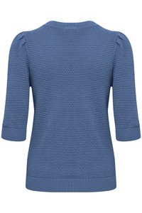 Pull tricoté bleu à manches courtes avec motif texturé, poignets et ourlet côtelés, vu de dos.