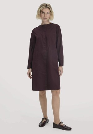 Eine stehende Frau trägt ein knielanges, langärmliges, dunkelviolettes Kleid mit Knöpfen, das vordere Taschen hat, sowie passende Mary-Jane-Schuhe.