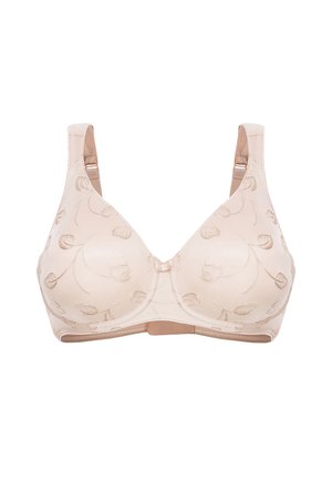 Beige BH mit weicher Textur, verziert mit floralen Stickereien. Dreieckige Cups, verstellbare Träger und ein Hakenverschluss auf der Rückseite für optimalen Halt.