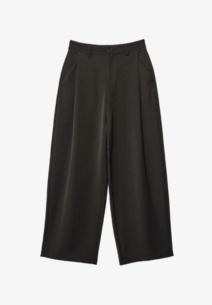 Spodnie o szerokich nogawkach z ciemnoszarego materiału o gładkiej fakturze, z przednimi zakładkami, skośnymi bocznymi kieszeniami oraz zapięciem na guzik w talii.