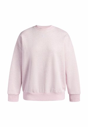 Light pink sweatshirt made of soft fabric, featuring a crew neck, dropped shoulders, ribbed cuffs, and an Under Armour logo in white.