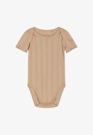 Short-sleeve beige bodysuit with pink floral patterns and stripes; features ruffled sleeves and snap closures at the bottom.