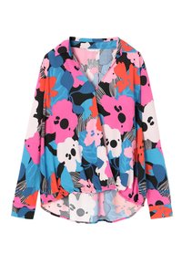Farverig langærmet bluse med blomsterprint i pink, blå, orange og sort med en omslagdesign og buet kant. Letvægtsstof.